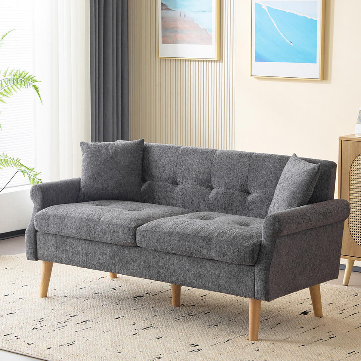 DOPPELSOFA in Grau Chenille-Stoff mit dicken Kissen - Grau, Holz/Textil (74/77/162cm) - KOMHTOM