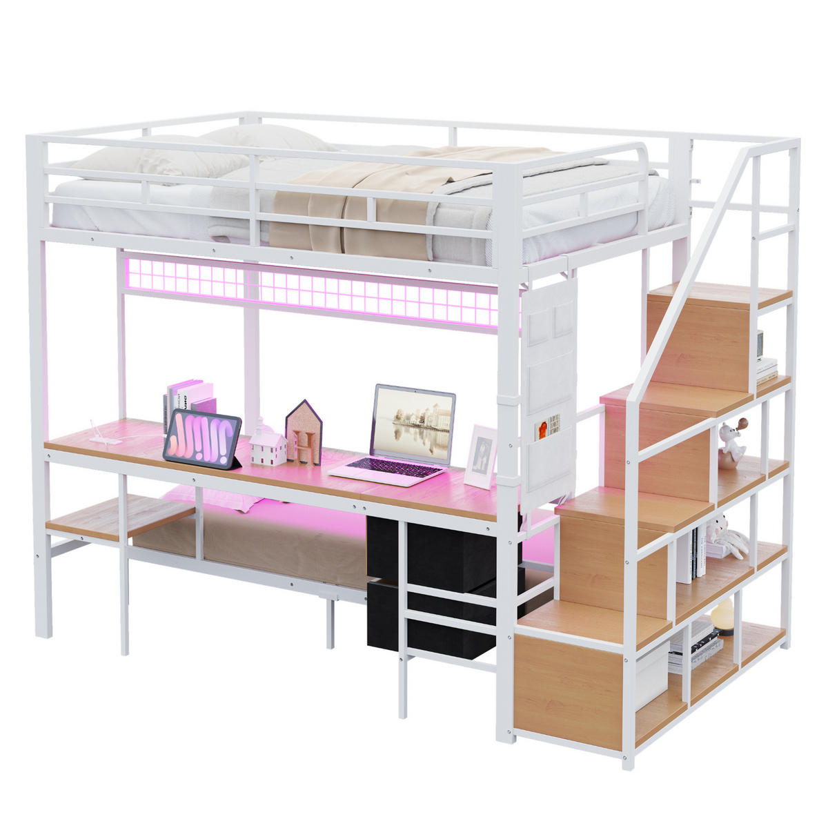 HOCHBETT 140/200 & 90/200 cm Weiß mit Schreibtisch und LED-Beleuchtung - Weiß, Metall (140/200cm) - Flora Grace