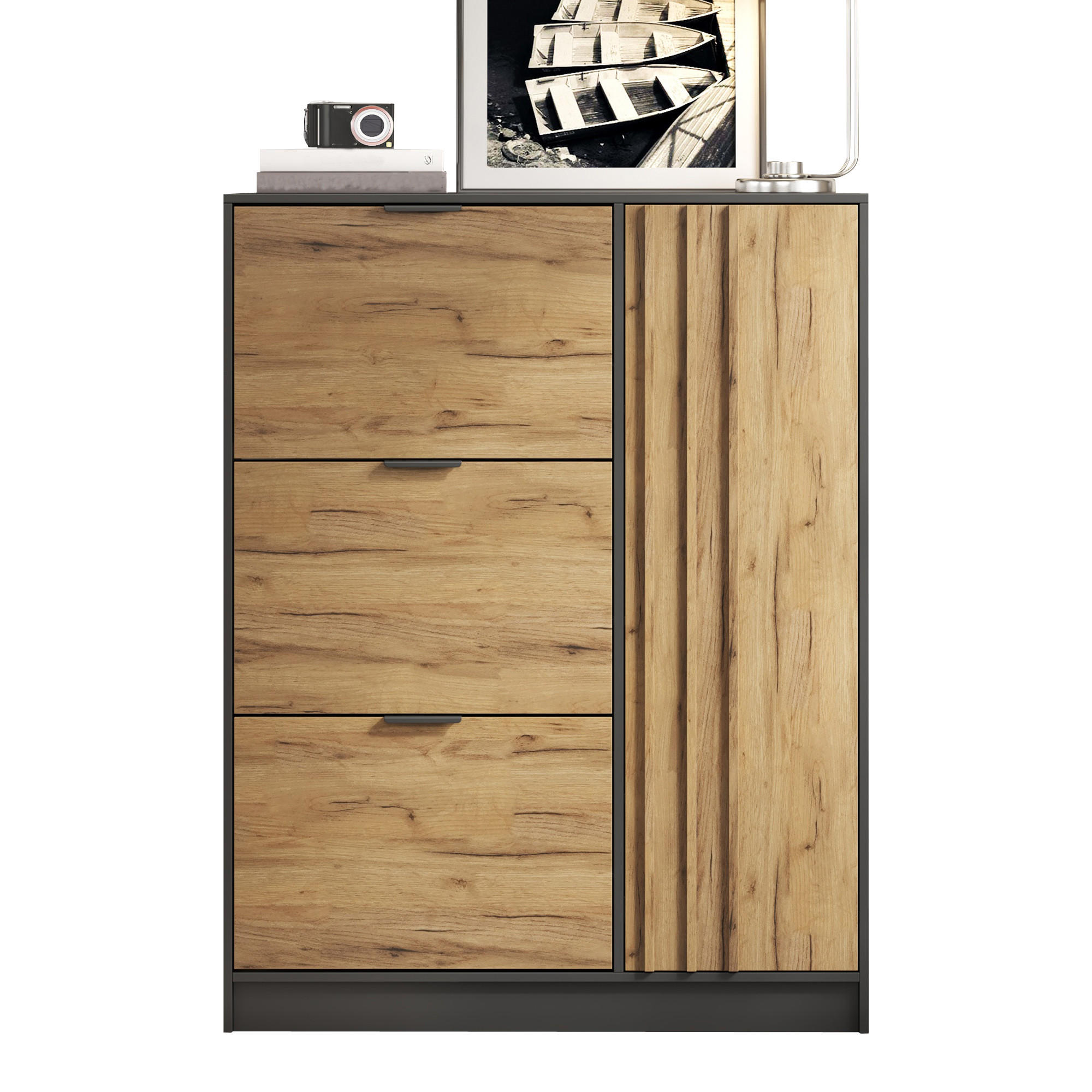 SCHUHSCHRANK 100x30x130 MDF 3 Klappfächer 1 Türfach Holz Schwarz - Naturfarben, Holzwerkstoff (100/130/30cm) - FLIEKS