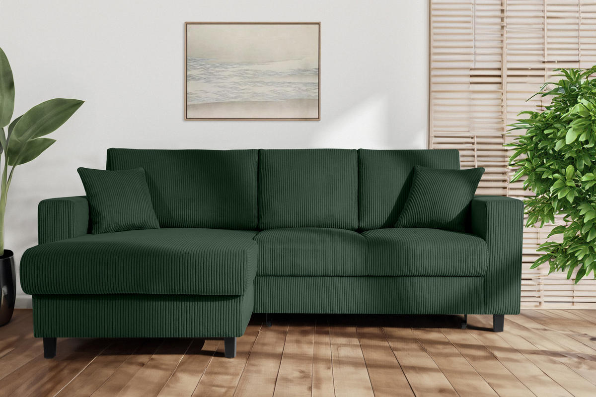 ECKSCHLAFSOFA EGRET Links mit Bettkasten, Cord-Stoff, dunkelgrün - Dunkelgrün, Textil (234/90cm) - KONSIMO®