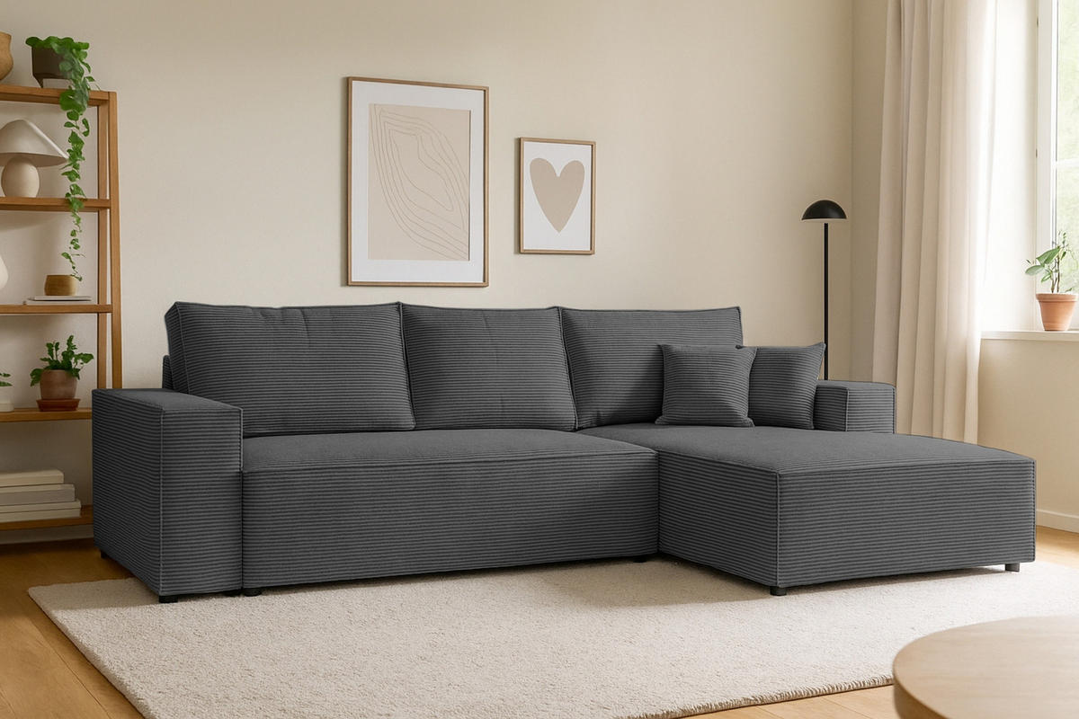 ECKSOFA MARCO 294/185 in Cord Anthrazit mit Schlaffunktion rechts - Anthrazit, Holz/Holzwerkstoff (294/185cm) - Deine Möbel 24