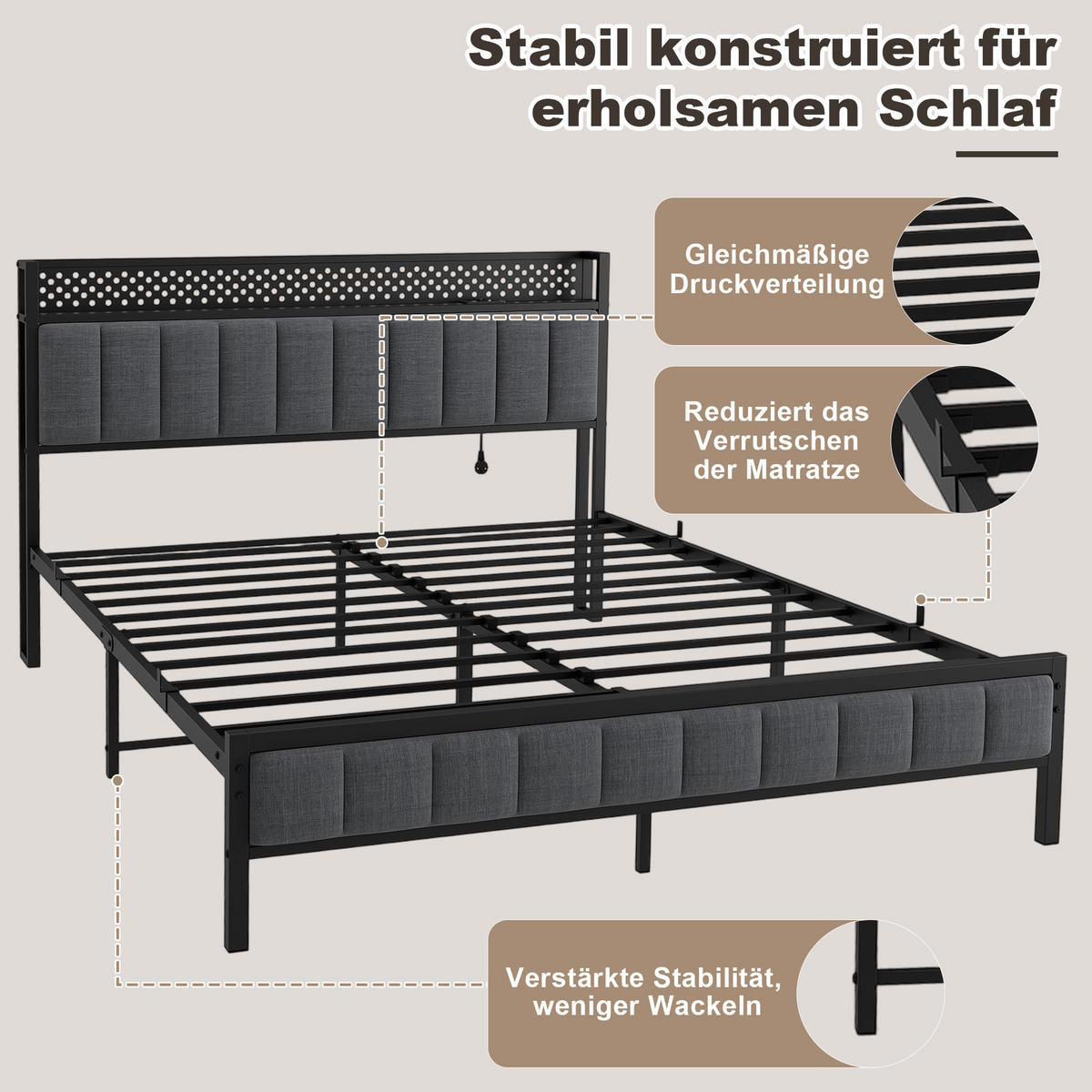 METALLBETT 140/200 cm in Schwarz mit USB-Anschlüssen und Stauraum - Schwarz, Metall (140/200cm) - OKMYHOME