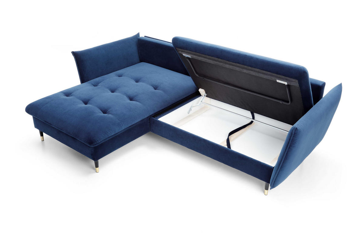 ECKSOFA GLAM mit Schlaffunktion, Ottomane & goldenen Füßen – Samtsofa im Glamour-Stil mit Zierkissen, 258x167x91cm, Linke, BLAU - Blau, Holz/Textil (167/258cm) - DomoHome
