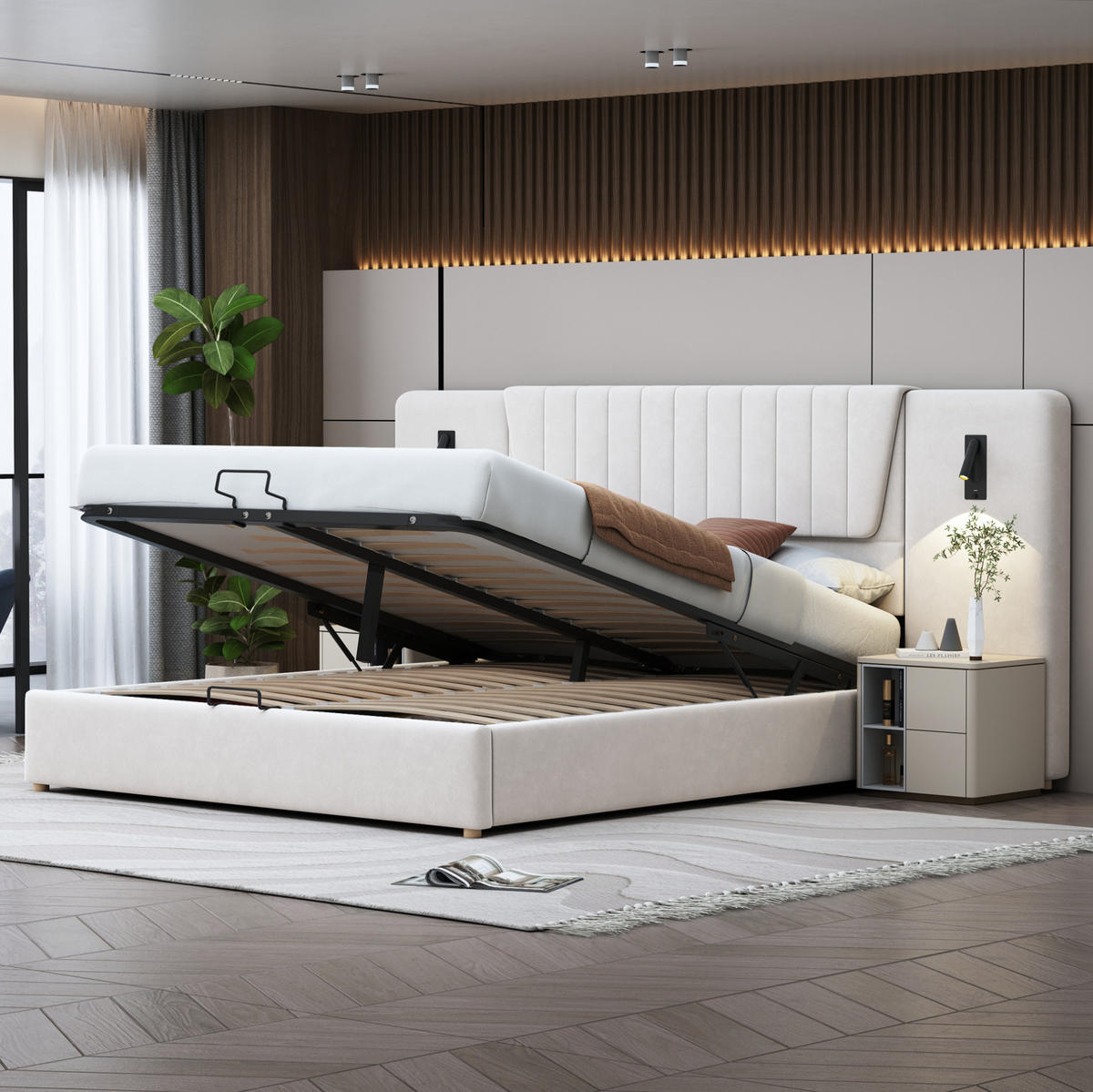 POLSTERBETT 180/200 cm in Beige mit Stauraum, Leselampen und USB-Anschlüssen - Beige, Textil (180/200cm) - Flora Grace