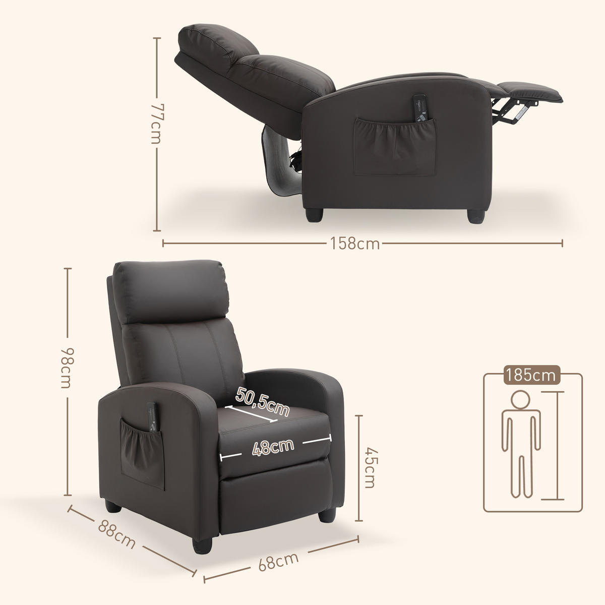 MASSAGESESSEL Kunstleder Schaumstoff Braun - Schwarz/Braun, Kunststoff (88/98/68cm) - HOMCOM
