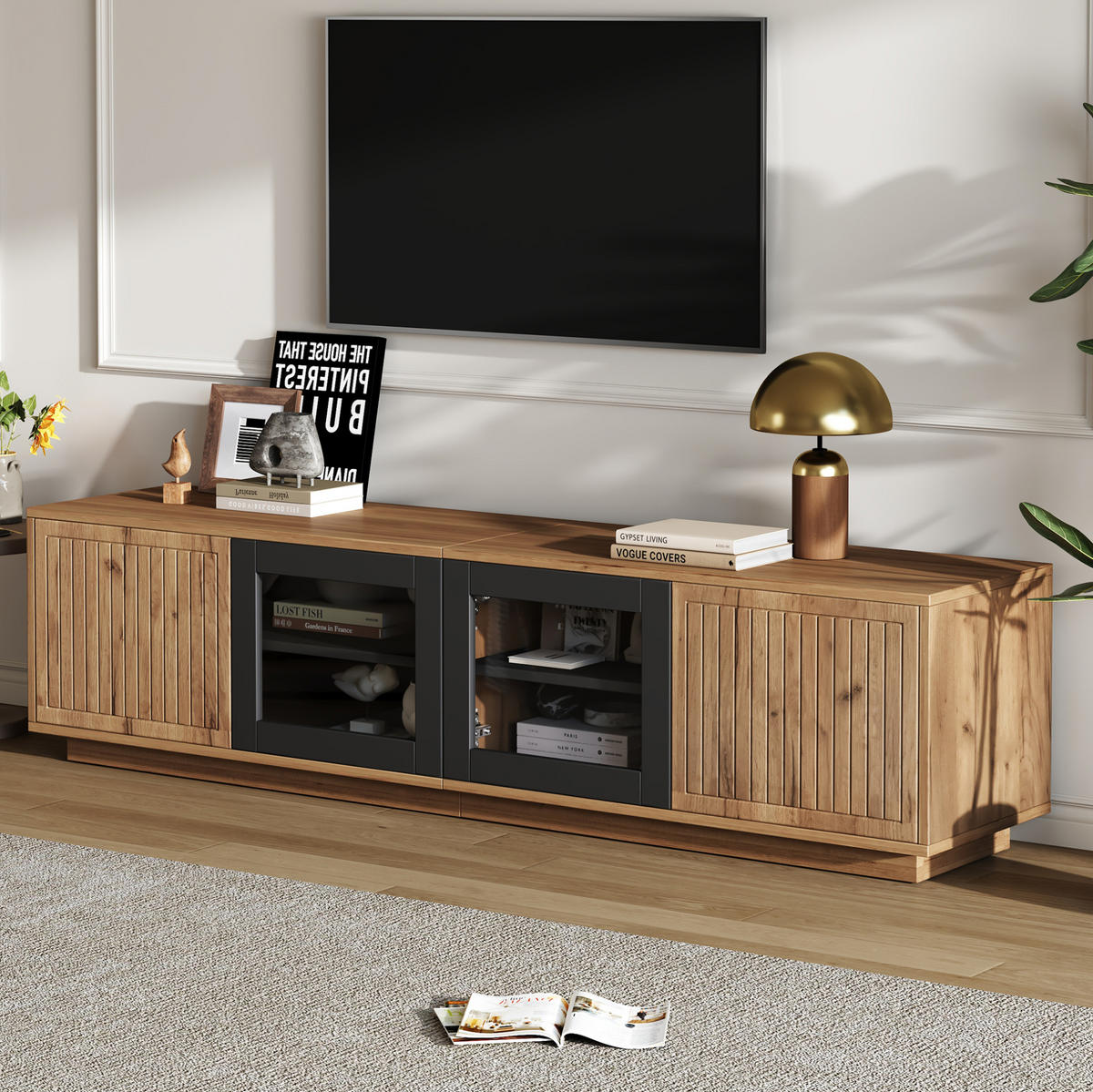 TV-ELEMENT mit LED 180 x 40 x 45 cm Naturholzoptik Schwarz 4 Türen - Braun, Holzwerkstoff (40/45/180cm) - Beauniv