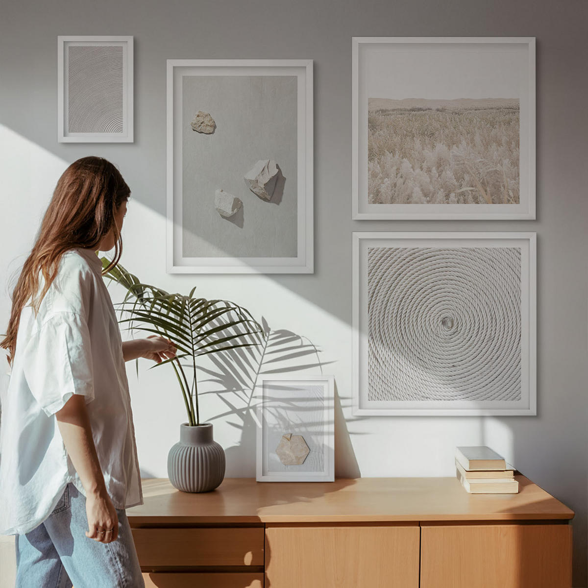 WANDBILDER 5er-Set - 50x50 cm & 20x30 cm & 40x60 cm Weißer Rahmen - Leichte Boho-Sandtexturen - Weiß, Kunststoff (40/60cm) - ArtPrintCave