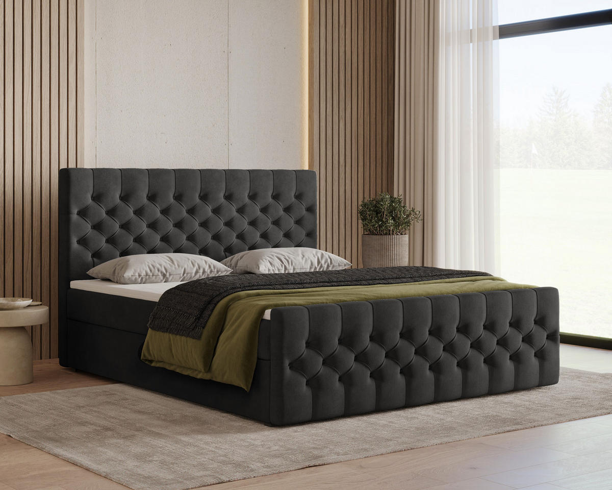 BOXBETT 12 140 x 200 cm - Manila - Modernes Polsterbett mit Bettkasten inkl. PU-Schaum-Topper und Federmechanismus - Schwarz, Holz (140/200cm) - ROYAL24_MARKT