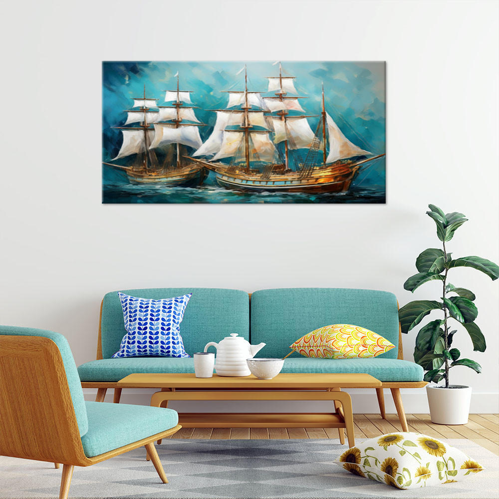 WANDBILD schiffe segelschiffe retro türkis - Türkis, Textil (100/50cm) - Feeby