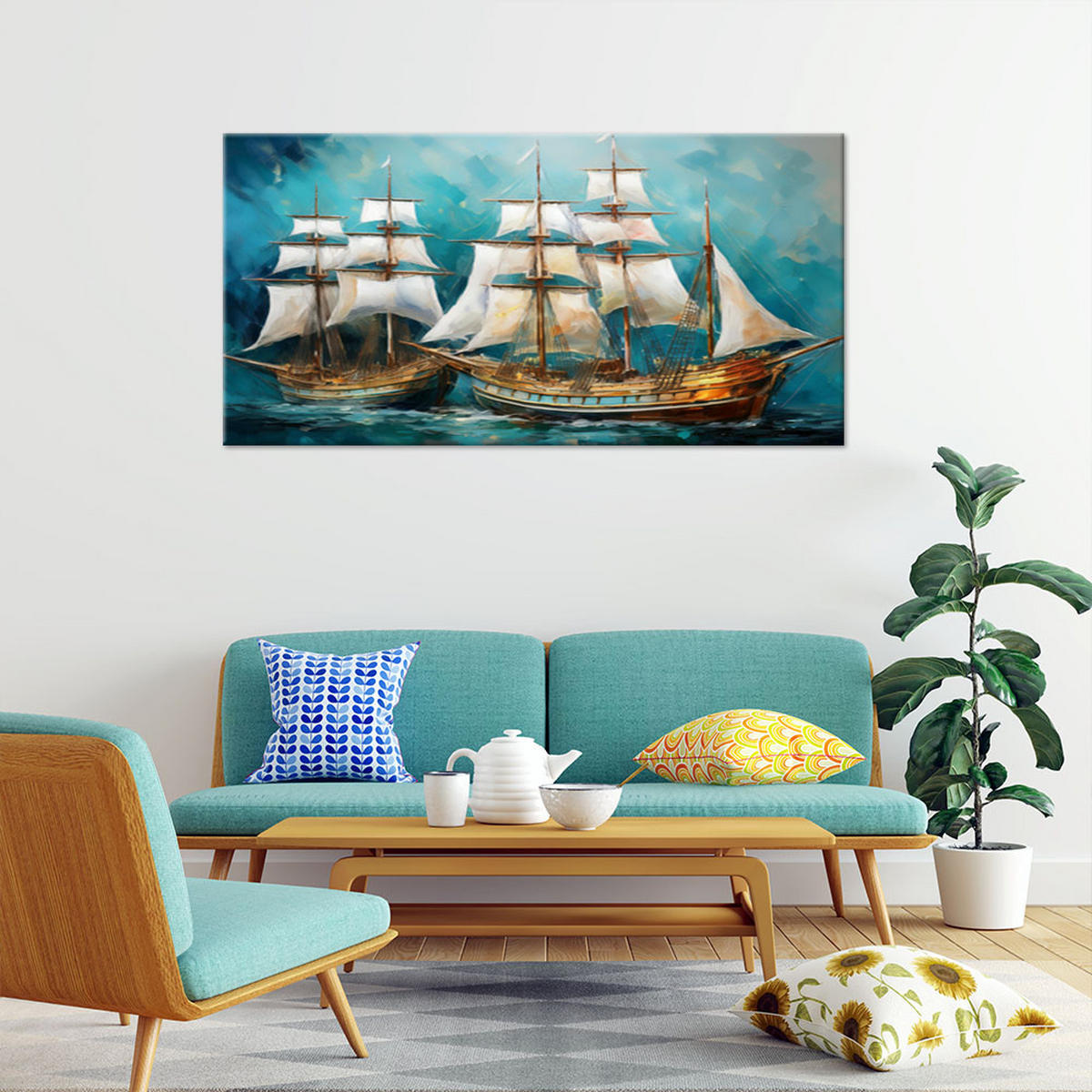WANDBILD schiffe segelschiffe retro türkis - Türkis, Textil (100/50cm) - Feeby