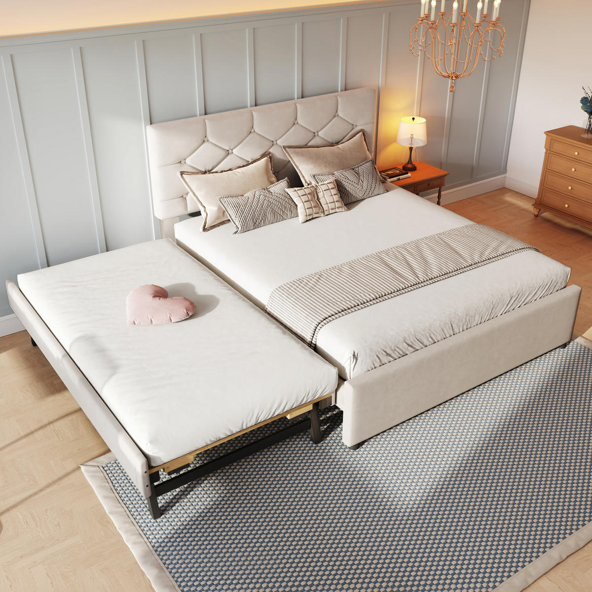 POLSTERBETT 140/200 cm aus Samt und MDF mit Ausziehbett, Beige - Beige, Textil (140/200cm) - OKMYHOME