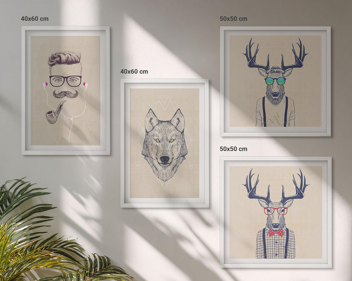 WANDBILDER 4er-Set - 50x50 cm & 40x60 cm Weißer Rahmen - Stilvolle Tierporträts - Weiß, Kunststoff (50/50cm) - ArtPrintCave