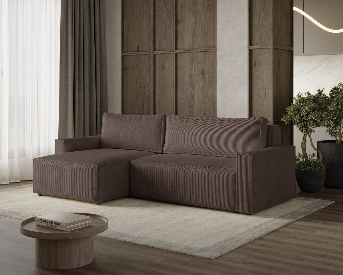 ECKSOFA LIVIO S mit Schlaffunktion, universell montierbar - POSO 06 - Braun, Holz (230/90/142cm) - Dekori_Interiors