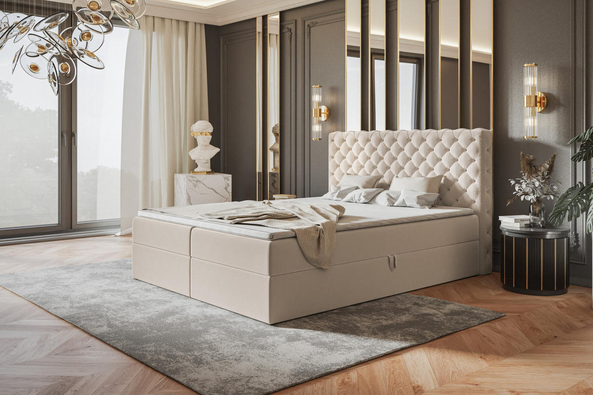 BOXBETT MIAMI mit 2 Bettkästen, 140x200, Farbe: Beige, Velourstoff, Doppelbett mit Bonell-Matratze - Beige, Holz/Kunststoff (140/200cm) - Alpi-Möbel