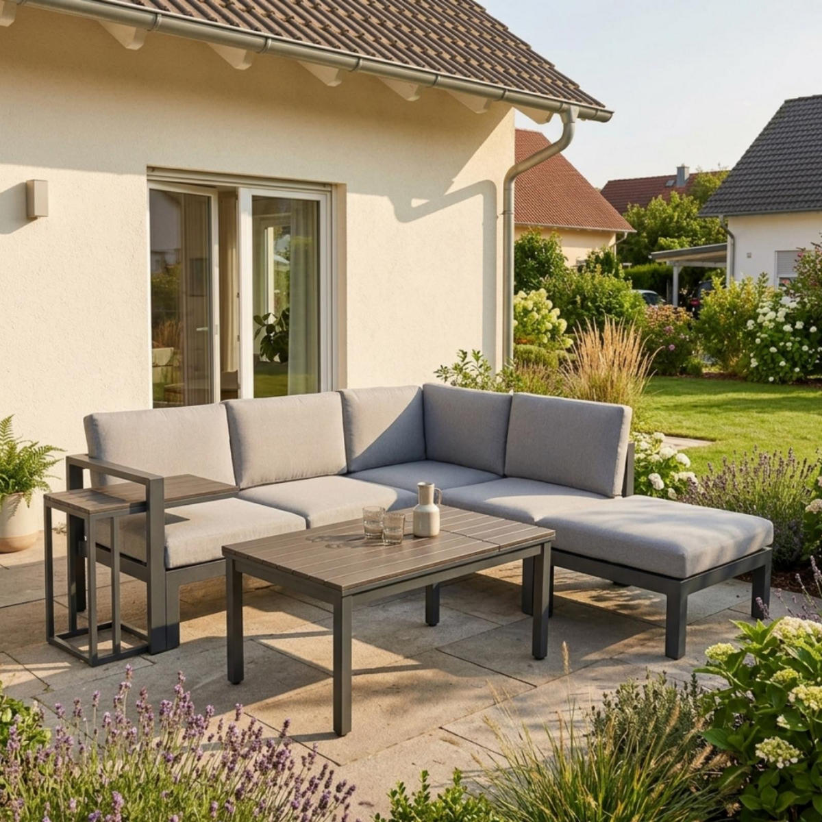 LOUNGE-SET Braga Grau 5-Sitzer mit höhenverstellbarem Tisch - Grau, Kunststoff - bellavista - Home & Garden