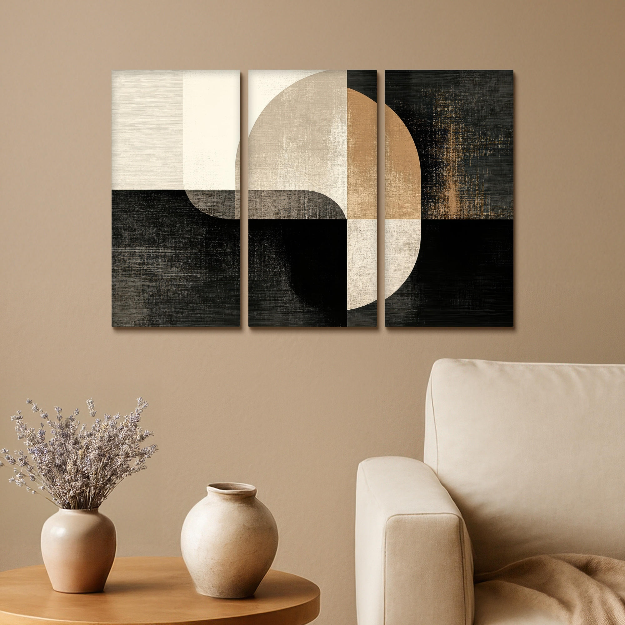 LEINWANDBILD 3er Set Formen - Abstrakt - Gold 60x40 cm - Schwarz, Textil (60/40cm) - MuchoWow