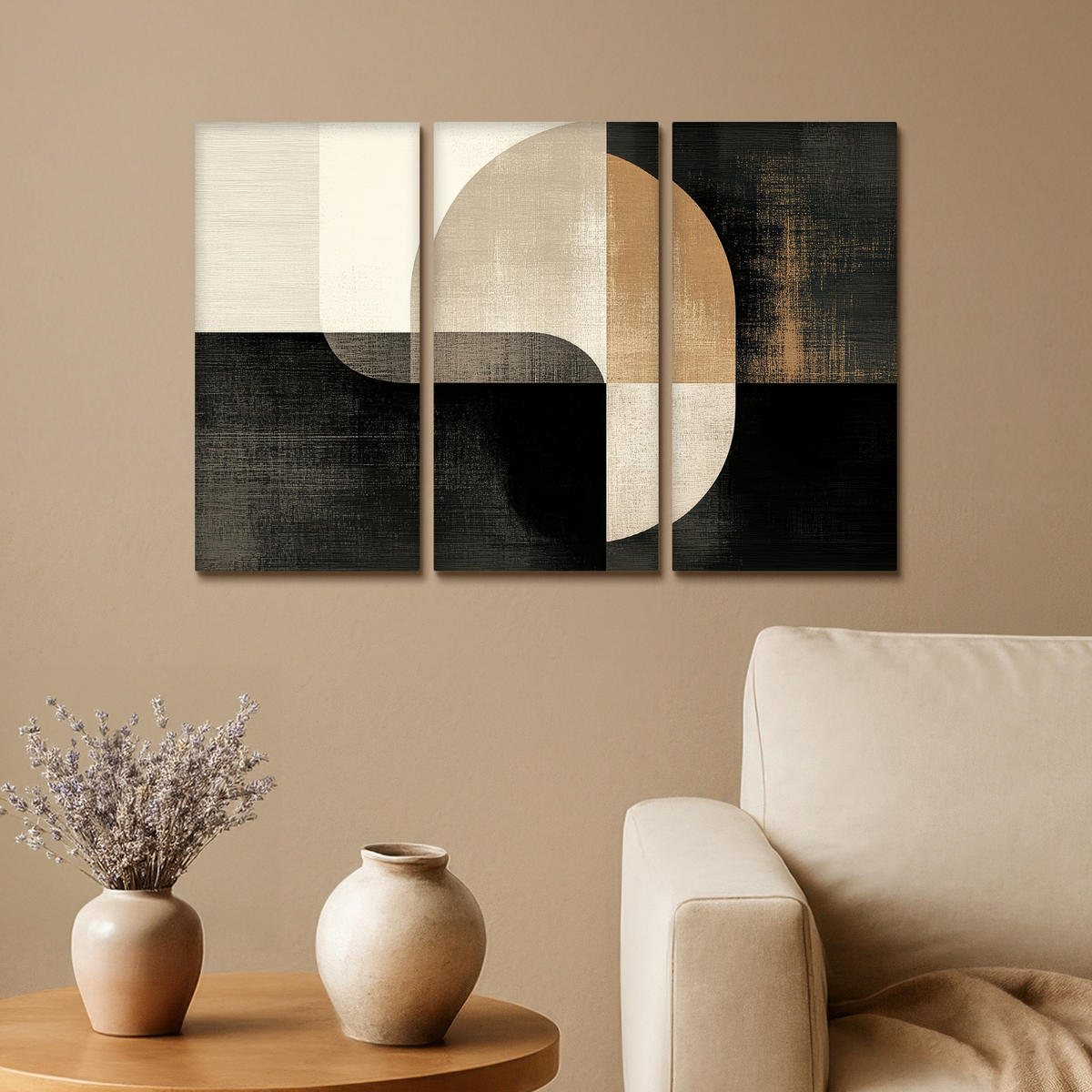 LEINWANDBILD 3er Set Formen - Abstrakt - Gold 60x40 cm - Schwarz, Textil (60/40cm) - MuchoWow