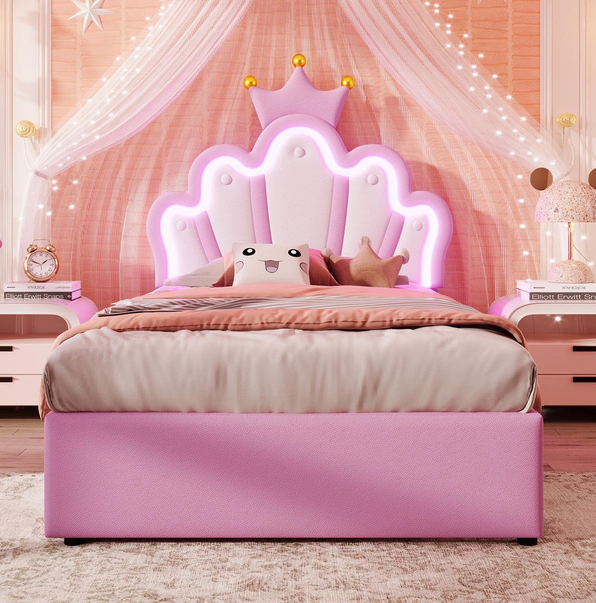 ČALÚNENÁ posteľ 90/200 cm ružová s LED osvetlením a 2 zásuvkami z PU a MDF - ružová, plast (90/200cm) - OKWISH