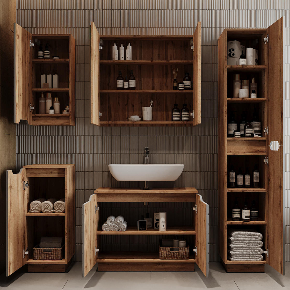 WASCHBECKENUNTERSCHRANK Lotta Eiche/Grau mit Kachelstruktur 79.6 x 62.1 cm mit 2 Türen - Eichefarben/Grau, Holzwerkstoff (79.6/62.1/32cm) - Vicco