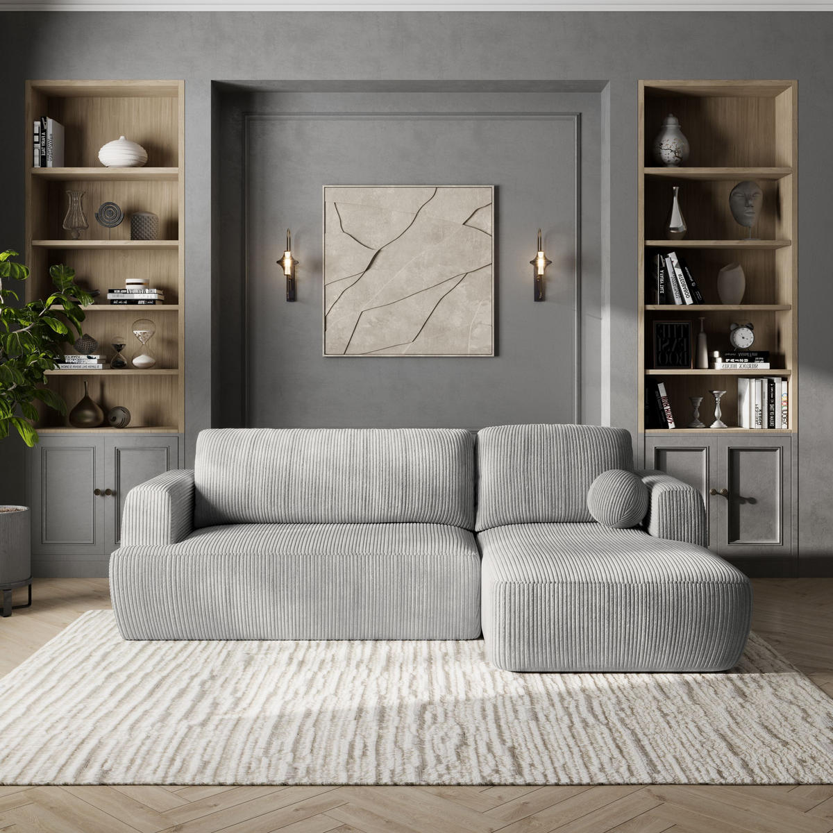 ROHOVÁ SEDAČKA SENTI světle šedá - černá/světle šedá, dřevo/textil (246/148cm) - MASSENO