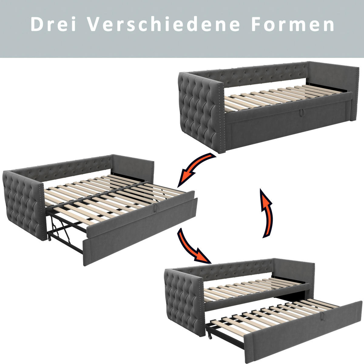AUSZIEHBETT 90/200 cm DE-01636, in Grau, mit Lattenrost - Grau, Metall (90/200cm) - ComfortXL