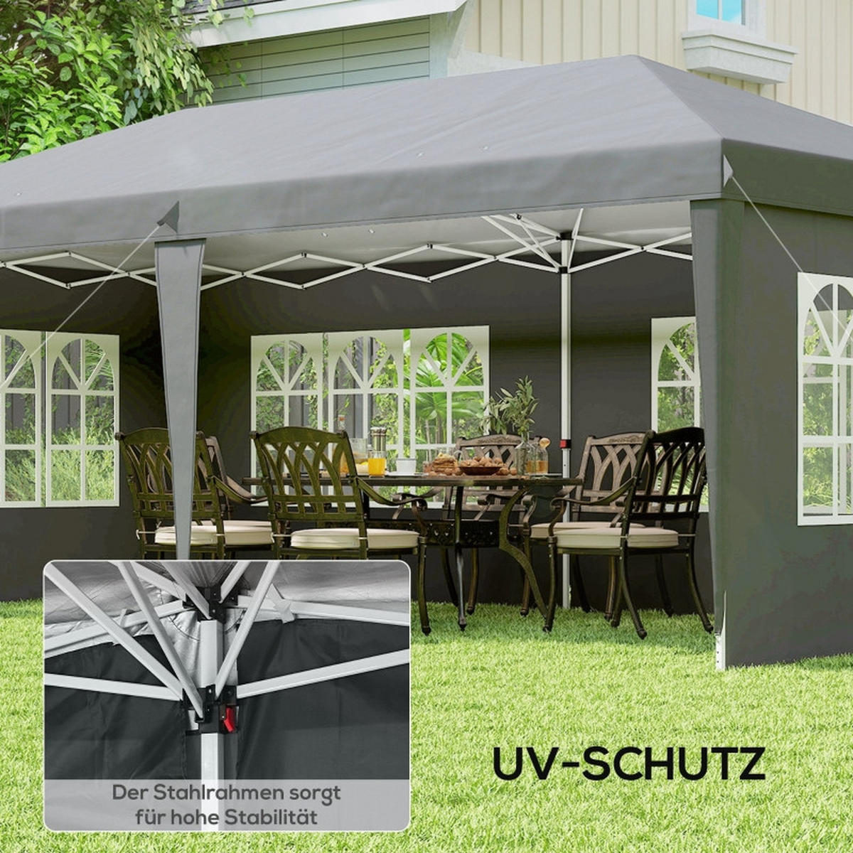 PAVILLON 3x6 m mit 4 Seitenwänden grau - Grau, Metall (295/270/585cm) - ComfortXL