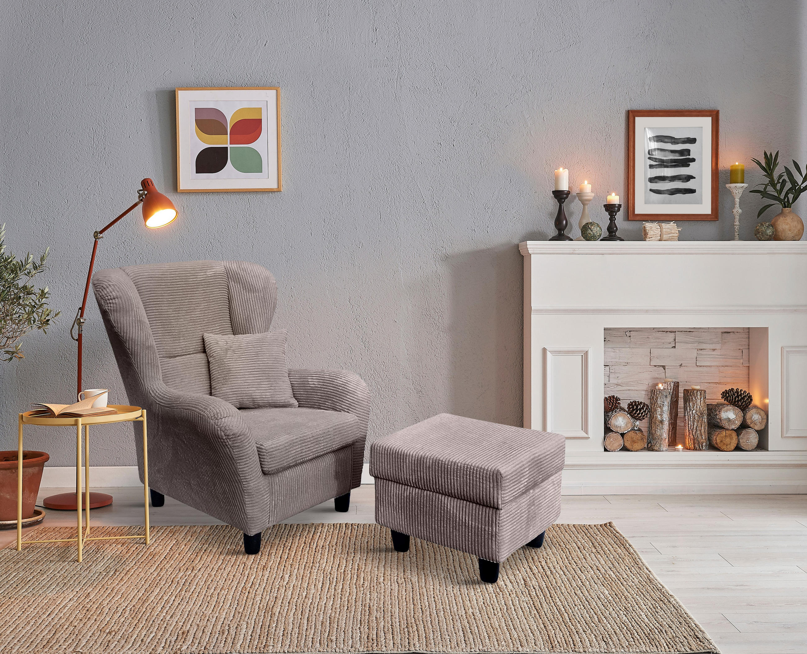 OHRENSESSEL mit HOCKER, hoher Sitzkomfort durch Wellenunterfederung, Cord Grau / 18019 - Schwarz/Grau, Holz/Textil (90/98/76cm) - luma-home