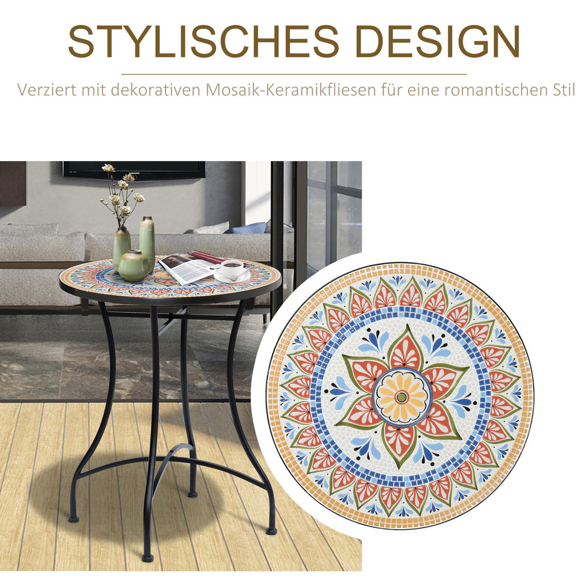GARTENTISCH, Rot+Blau+Weiß, Keramik - Blau/Rot, Keramik/Metall (60/60/71cm) - Outsunny