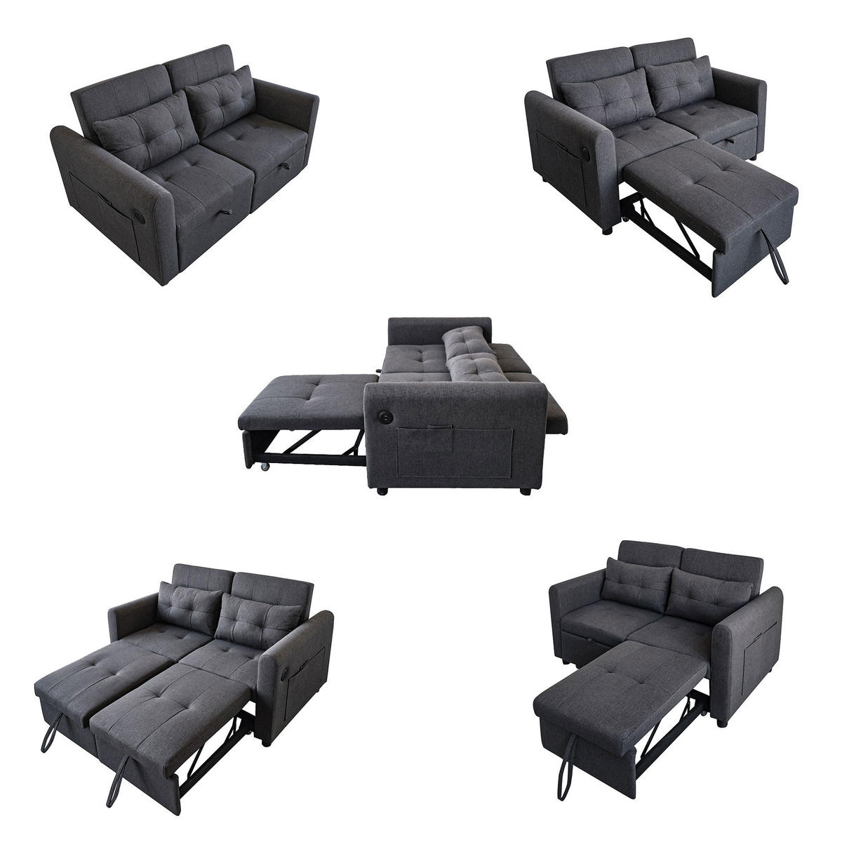 SCHLAFSOFA 3-in-1 mit USB, Armlehnentaschen und Kissen - Grau, Textil (142/83/85cm)