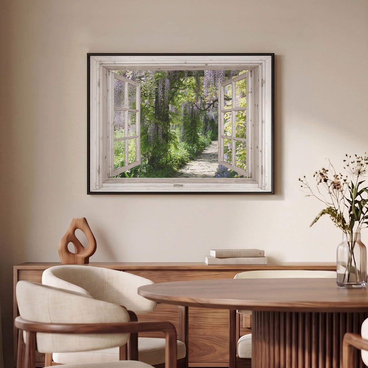 LEINWAND Bilder mit Rahmen - Blauer Regen - Blumen - Aussicht - Baum - Frühling - 80x60 - Grün, Textil (80/60cm) - MuchoWow