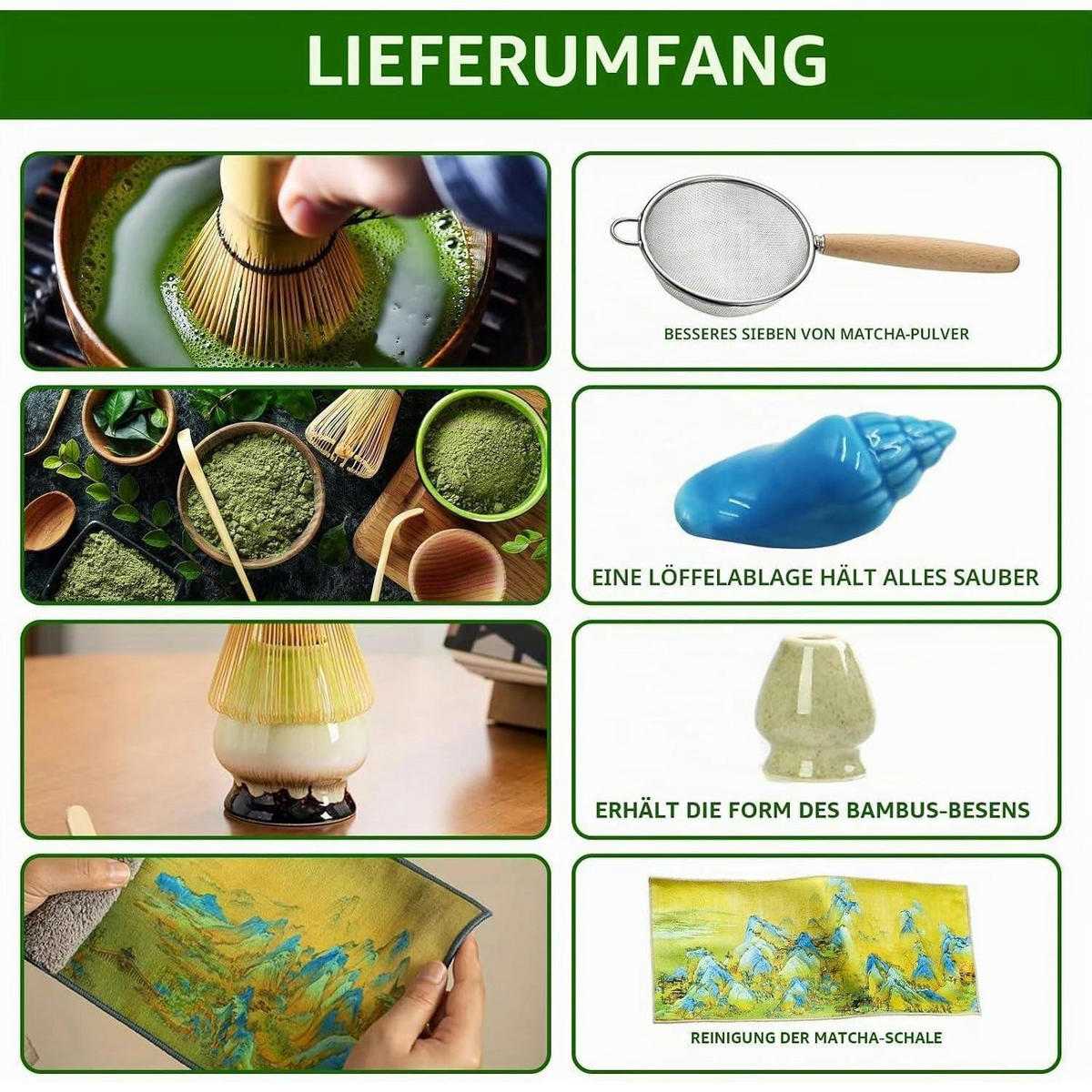 MATCHA Tee Set 9-teiliges Set mit Schale und Besen - Türkis, Keramik (14/7/14cm)