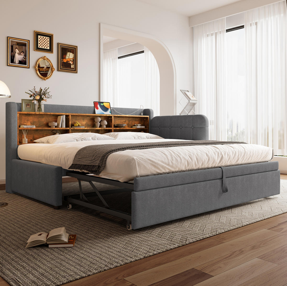 DAYBETT 90/200 cm Grau multifunktionales Ausziehbett mit USB- und Type-C-Anschlüssen aus Leinen - Grau, Textil (90/200cm) - OKWISH