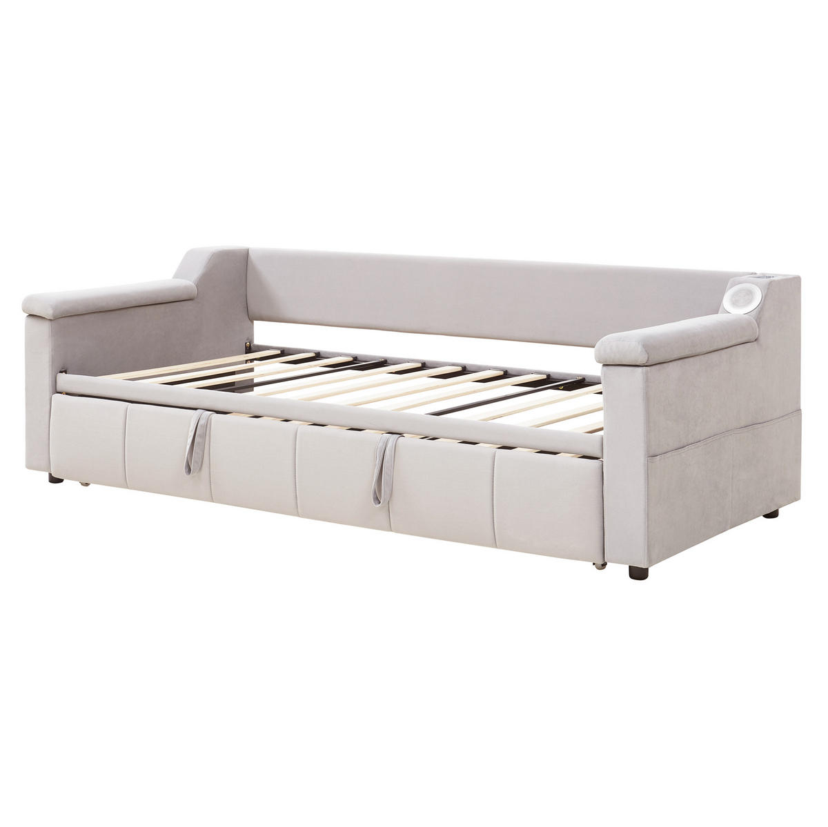 SCHLAFSOFA aus Samtstoff 90/180x190 cm Beige mit Bluetooth-Stereo, USB-Anschluss, Ablagefächern und hydraulischem Auszug - Beige, Textil (216/69/97cm) - Modfu