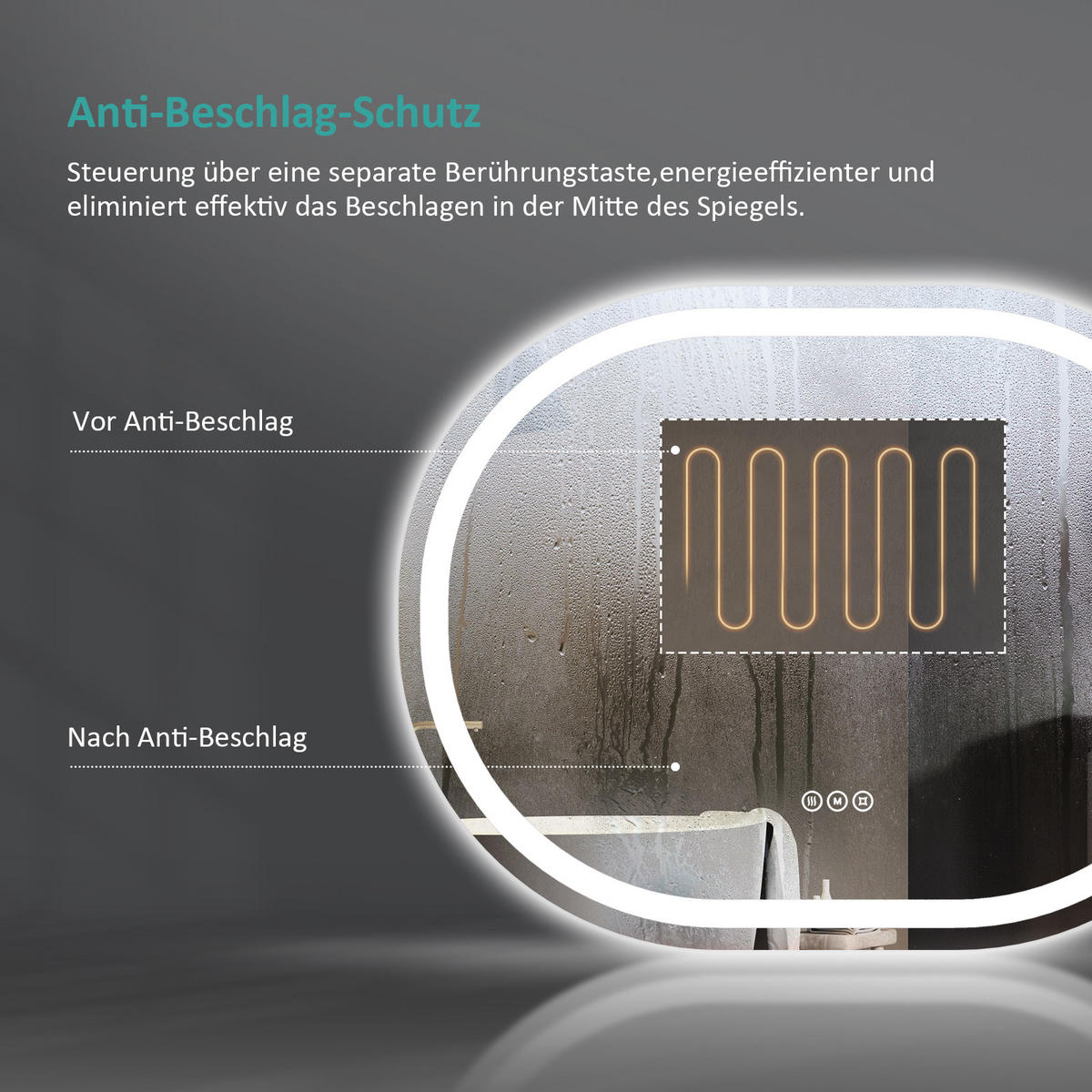 BADSPIEGEL ovale mit Beleuchtung mit Anti-Beschlag 80/60 cm - Weiß, Glas (60/2.5/80cm) - EMKE