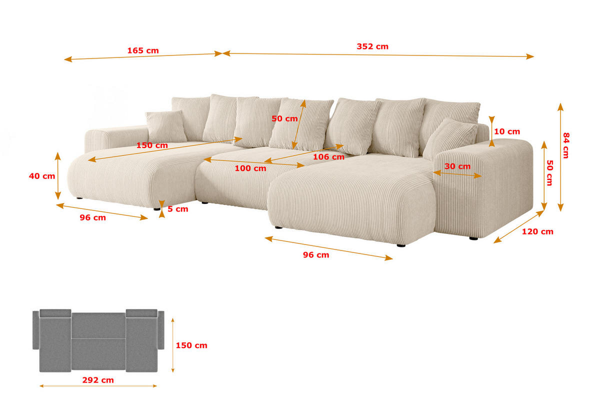 WOHNLANDSCHAFT mit Schlaffunktion und Bettkasten ESKAR-U -352x165x84cm Beige Cord - Beige/Schwarz, Holzwerkstoff/Kunststoff (352/84/165cm) - ALTDECOR