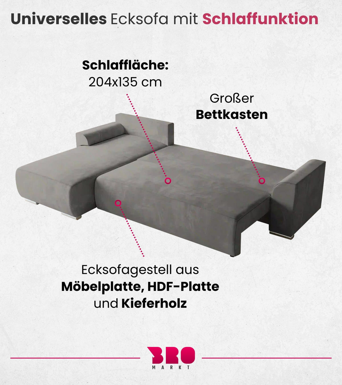 ECKSOFA Sydney mit Schlaffunktion Grau Plüsch - Grau, Textil (280/184cm) - Bromarkt