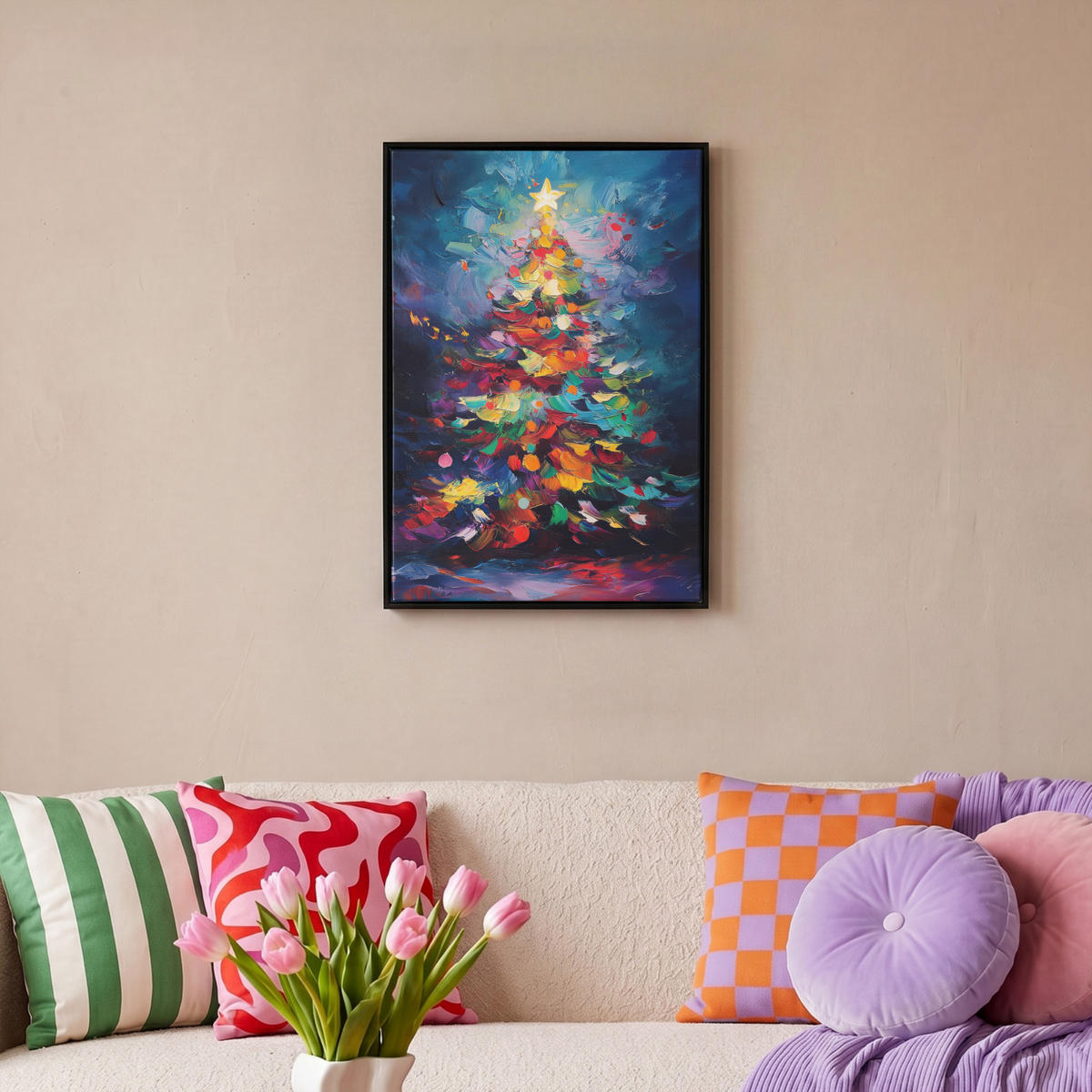 LEINWAND Bilder mit Rahmen - Weihnachtsbaum - Weihnachten - Abstrakt - Farbenfroh - 40x60 - Multicolor, Textil (40/60cm) - MuchoWow