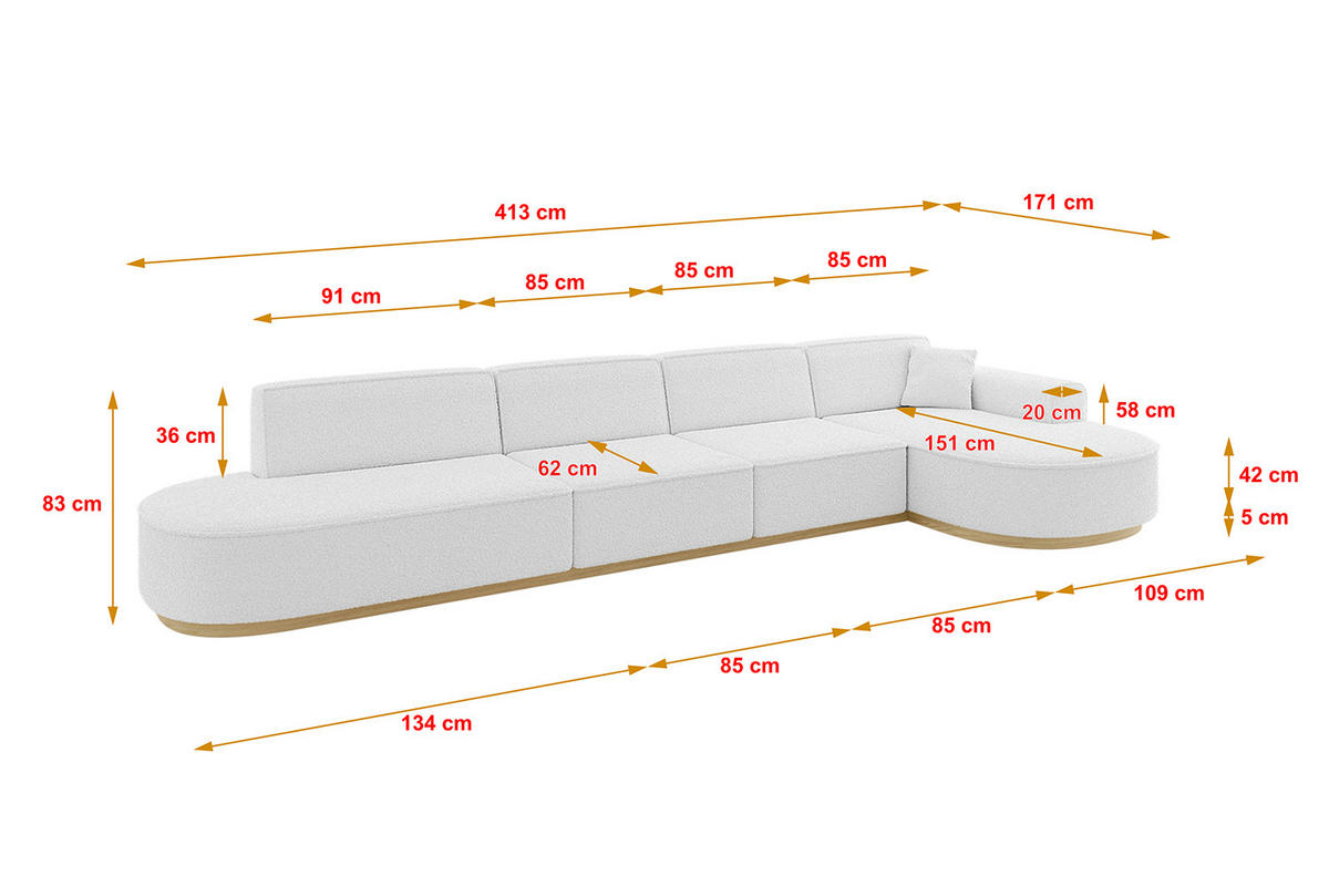 ECKSOFA Ottomane Rechts MARI-L3-v2 - 413x171x83 cm Weiß Bouclé - Weiß, Holzwerkstoff/Textil (171/413cm) - ALTDECOR
