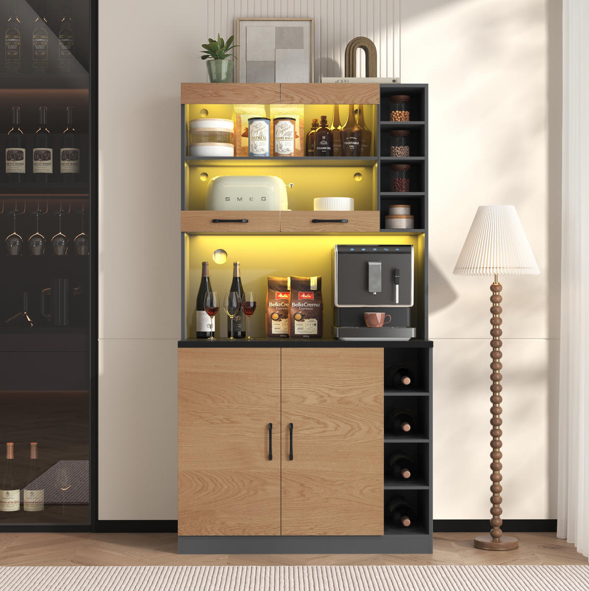 BUFFET 100/47/187 cm aus MDF mit LED-Beleuchtung und Mikrowellenfach Grau/Natur - Naturfarben, Holzwerkstoff (100/187/47cm) - Modenvie