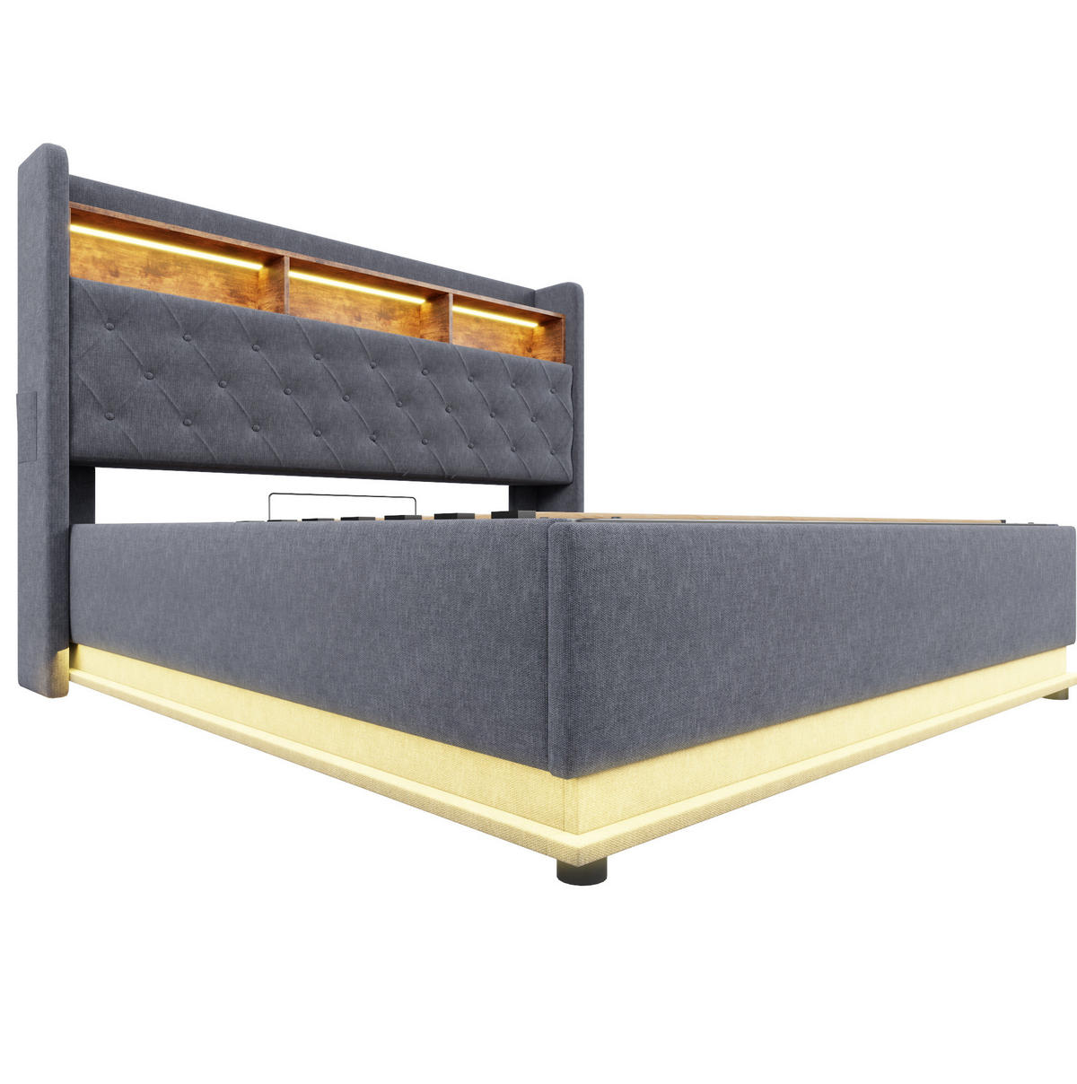 POLSTERBETT 160/200 cm Grau mit LED-Beleuchtung, Stauraum und USB-Anschluss - Grau, Textil (160/200cm) - Flora Grace