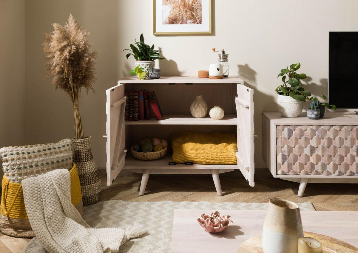 KOMMODE Akazie 80x42x75 weiß lackiert MOSAYK #213 - Weiß, Holz (80/75/42cm) - Massivmoebel24