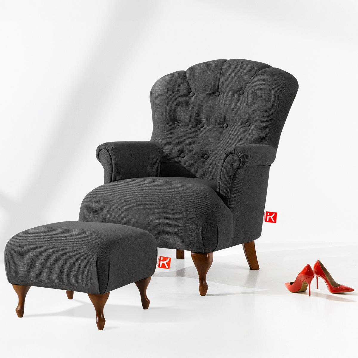 SESSEL MIT FUẞSTÜTZE TOMIS, Anthrazit - Anthrazit/Braun, Eichenholz/Holz (76/101/83cm) - KONSIMO®