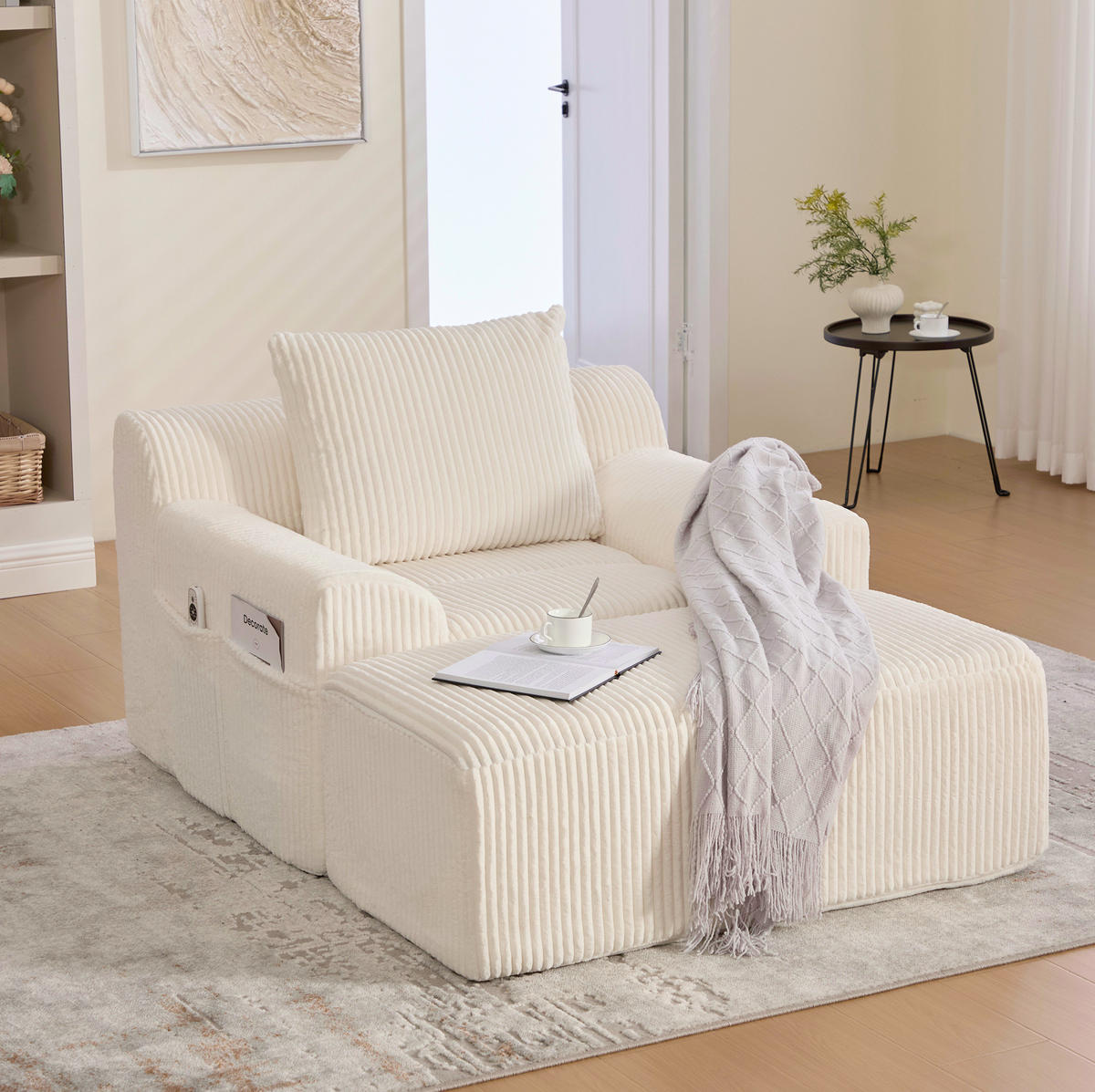 SESSEL 147/110/67 cm in Beige mit Fußhocker und Seitentaschen - Beige, Textil (147/67/110cm) - Flora Grace