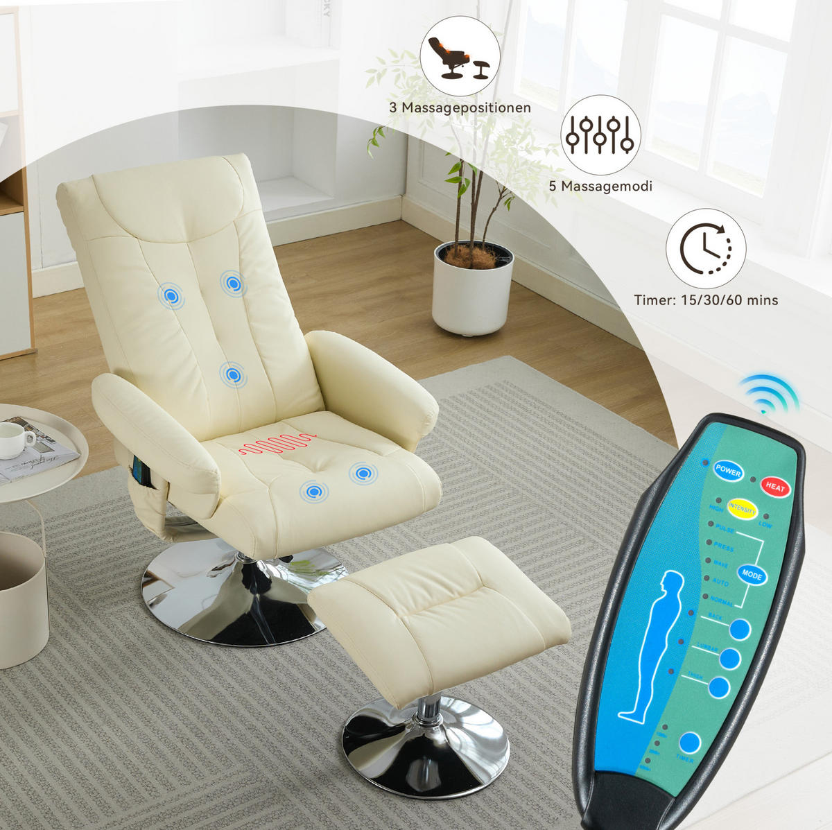 MASSAGESESSEL 76/75/103 cm mit Heizfunktion und 5-Punkt-Massage - Beige, Kunststoff (75/103/76cm) - BEAOK
