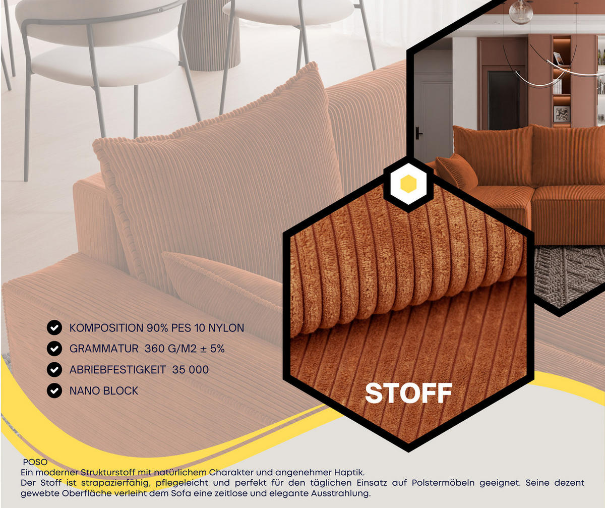 ECKSOFA Tobi mit Bettkasten und Schlaffunktion, L-Form, Cordstoff, Universal - Rostfarben, Holzwerkstoff (246/145cm) - 4ALL HOME