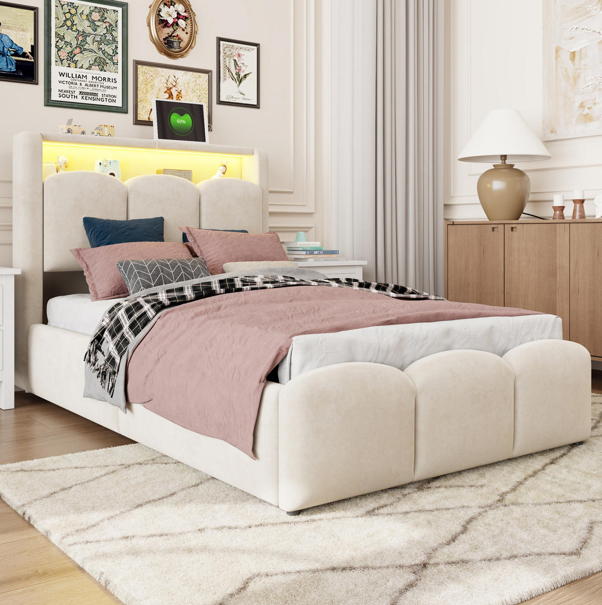 ČALOUNĚNÁ postel 90x200 cm s USB a Typ-C, LED osvětlením, úložným prostorem a sametovým čalouněním, Béžová - béžová, textil (90/200cm) - Redom