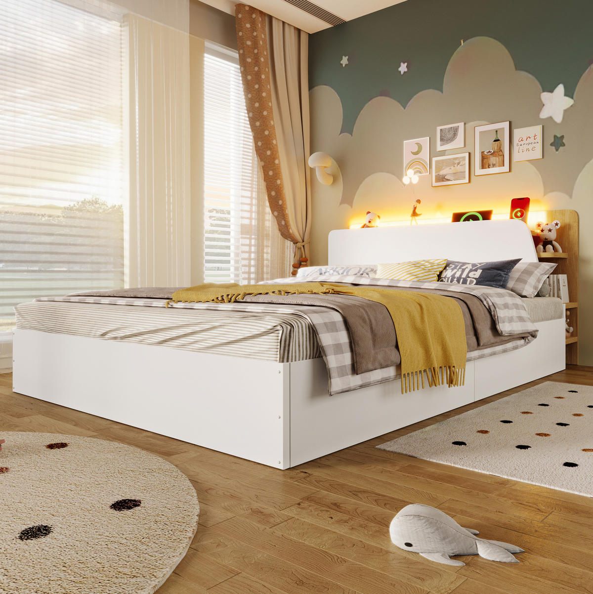 BETT mit Bettkasten 140/200 cm in Weiß/Natur – mit USB-C, LED und Kopfteil - Weiß, Holz (140/200cm) - BEAOK