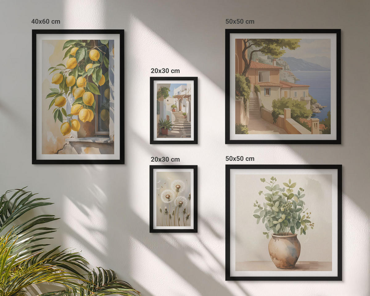 BILDER SET 5er Set - 50x50 cm & 20x30 cm & 40x60 cm Schwarzer Rahmen - Lemon Streets Meerblick - Schwarz, Kunststoff (40/60cm) - TULUP
