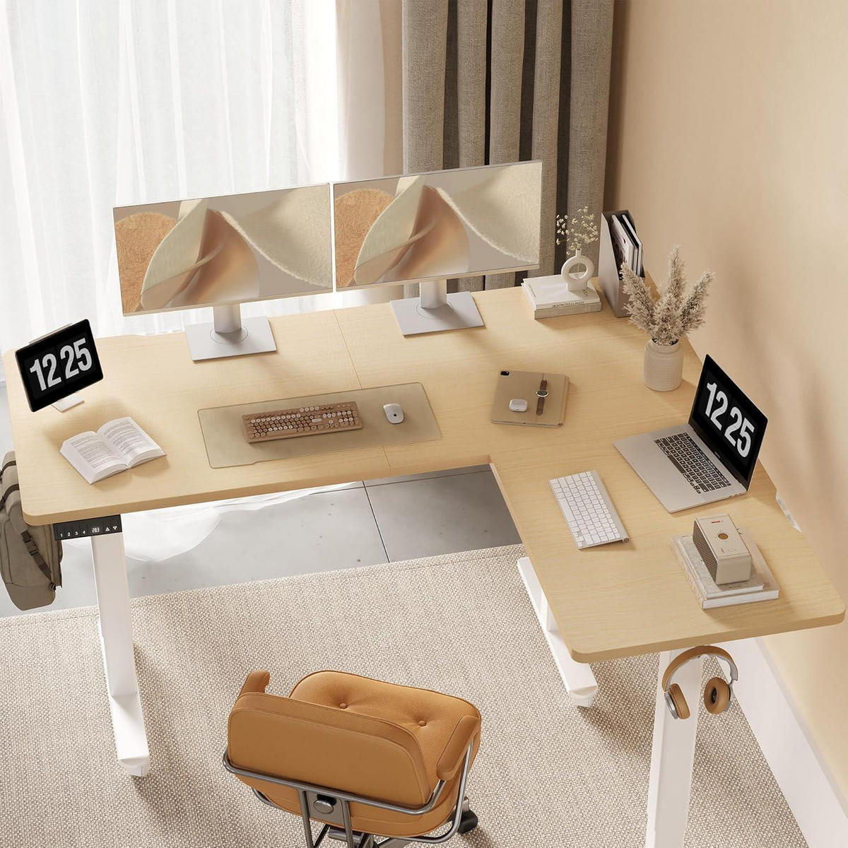ECKSCHREIBTISCH höhenverstellbar 160x140cm beige mit Dual-Motor - Beige, Holzwerkstoff (160/140/118cm)