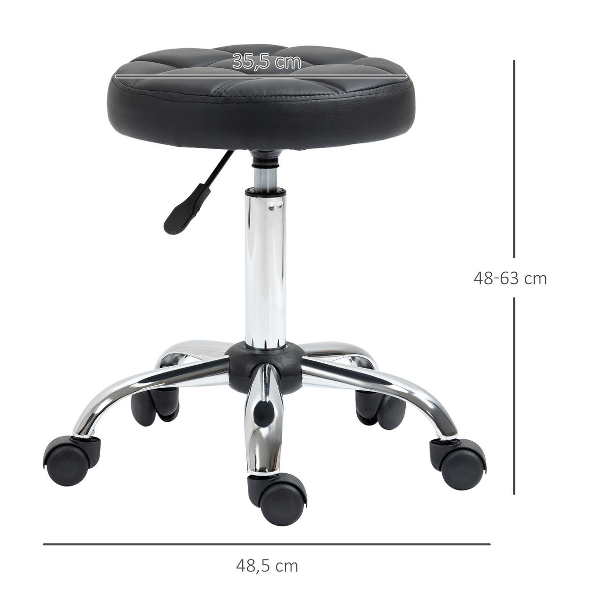 ROLLHOCKER Höhenverstellbarer Arbeitshocker, Drehbarer Salon Hocker für Büro - Schwarz, Leder (35.5/67/35.5cm) - HOMCOM